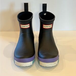 Hunter Black Boots with Purple, Tiffany Blue Trim size 6 lightly used